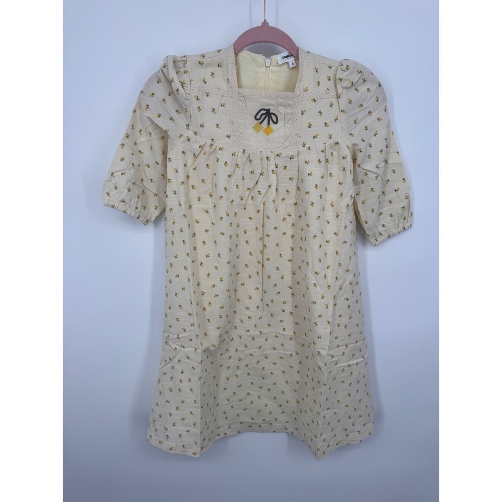 NWT The Umbrella Academy Cherry Printed Linen Dress Girl 8 Yellow Pleated Zipper